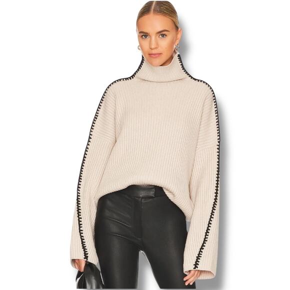 rag & bone Ingrid Ribbed Turtleneck in Ivory Wide Sleeves Women's S Black Trim - Picture 1 of 10